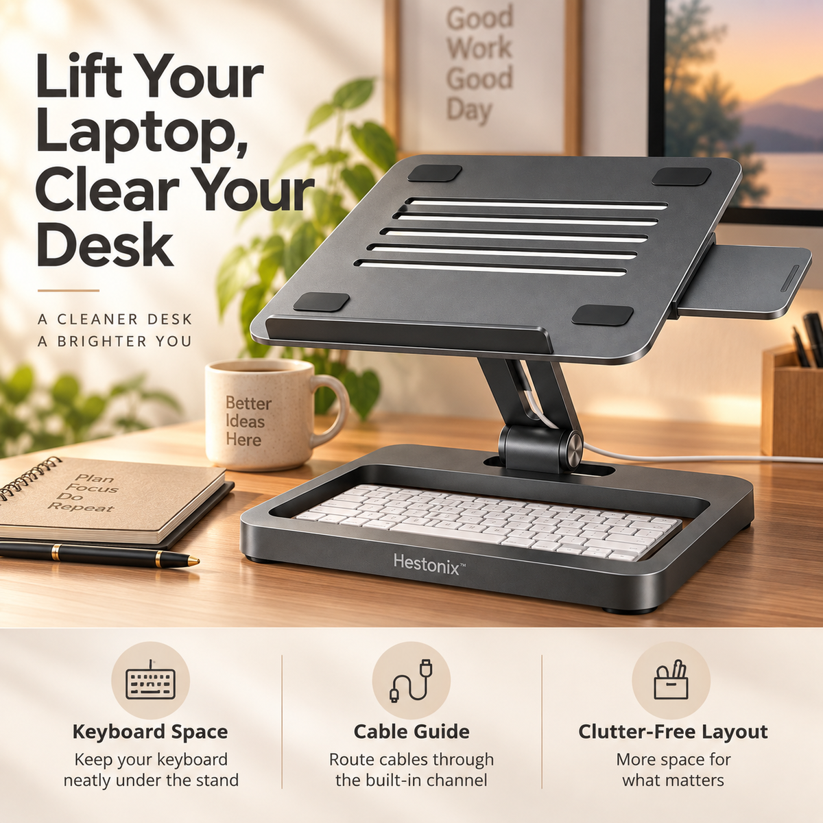 Hestonix™ Floating-Frame Laptop Stand with Pivoting Work Deck, Slide-Out Accessory Shelf and Open-Air Cooling Design