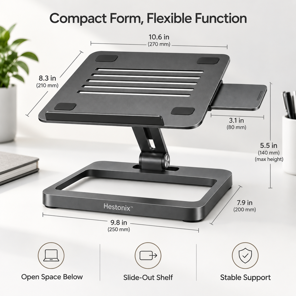 Hestonix™ Floating-Frame Laptop Stand with Pivoting Work Deck, Slide-Out Accessory Shelf and Open-Air Cooling Design