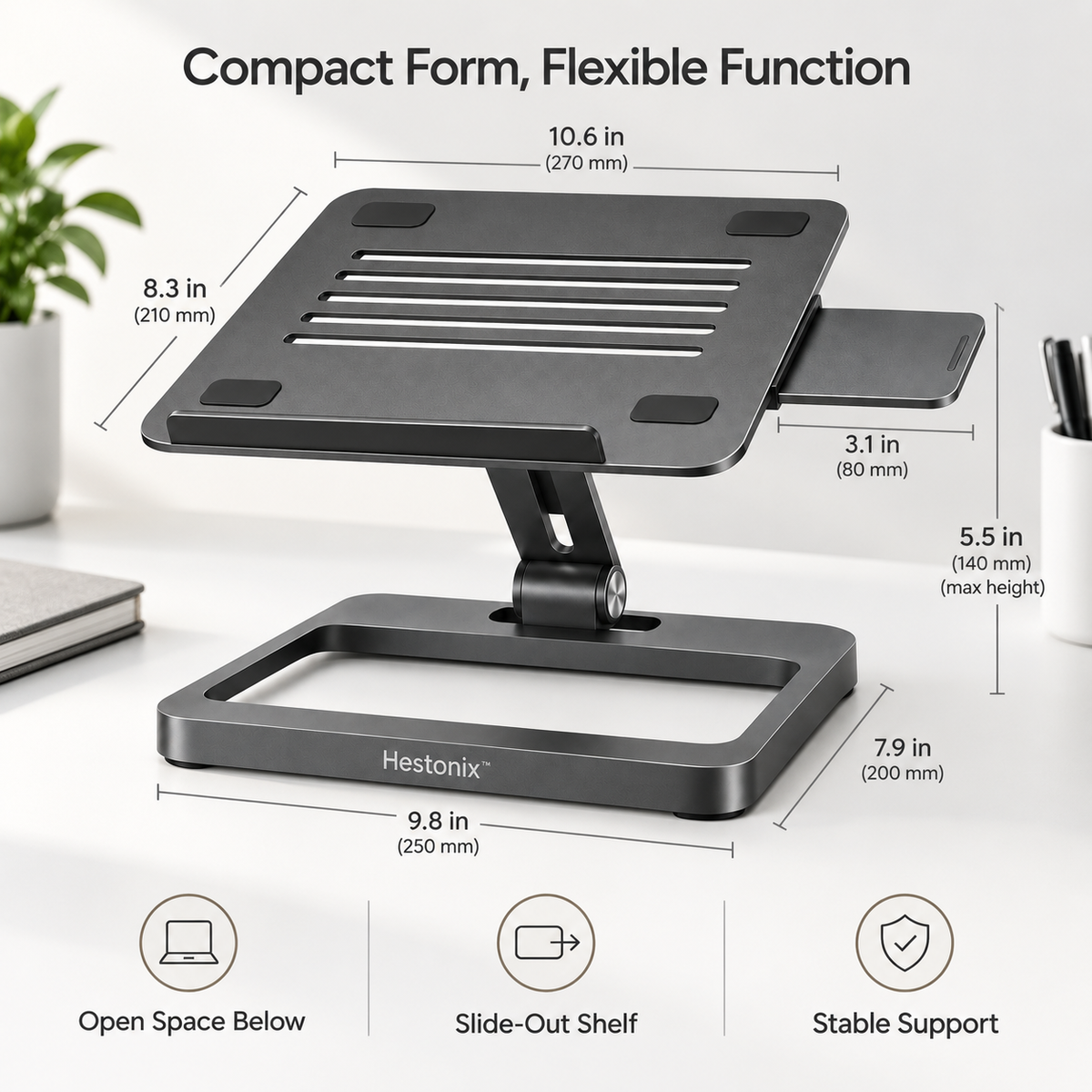 Hestonix™ Floating-Frame Laptop Stand with Pivoting Work Deck, Slide-Out Accessory Shelf and Open-Air Cooling Design