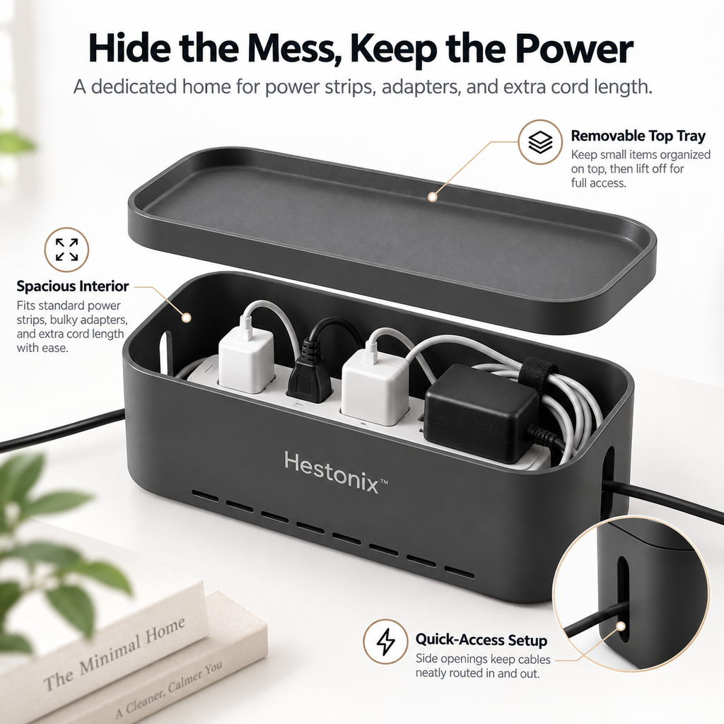 Hestonix™ Sculpted Power Cord Storage Box with Elevated Device Tray