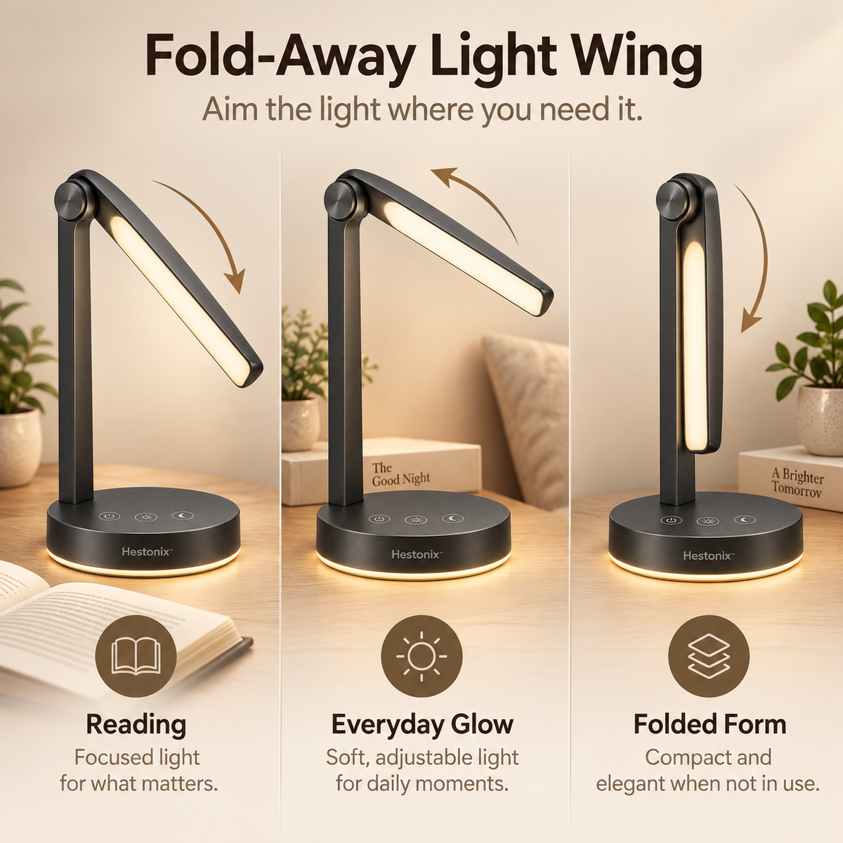 Hestonix™ Fold-Away Bedside Reading Lamp with Focused Night Reading Light and Soft Ambient Glow