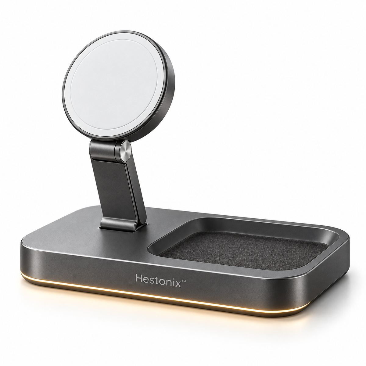 Hestonix™ Fold-Flat Magnetic Charging Dock with Pivoting Phone Stand and Integrated Valet Tray