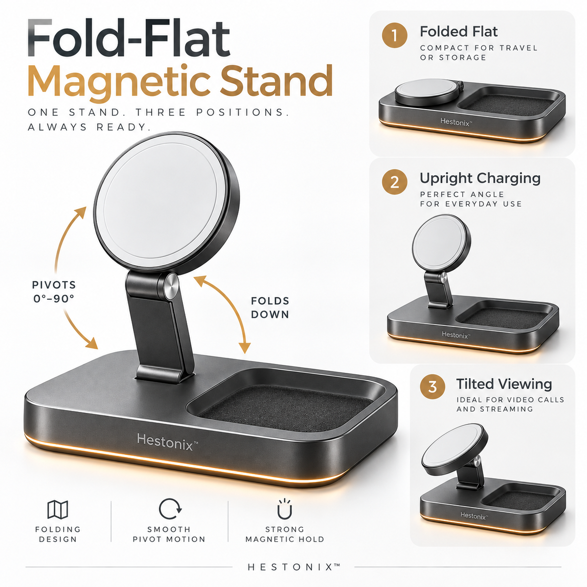 Hestonix™ Fold-Flat Magnetic Charging Dock with Pivoting Phone Stand and Integrated Valet Tray