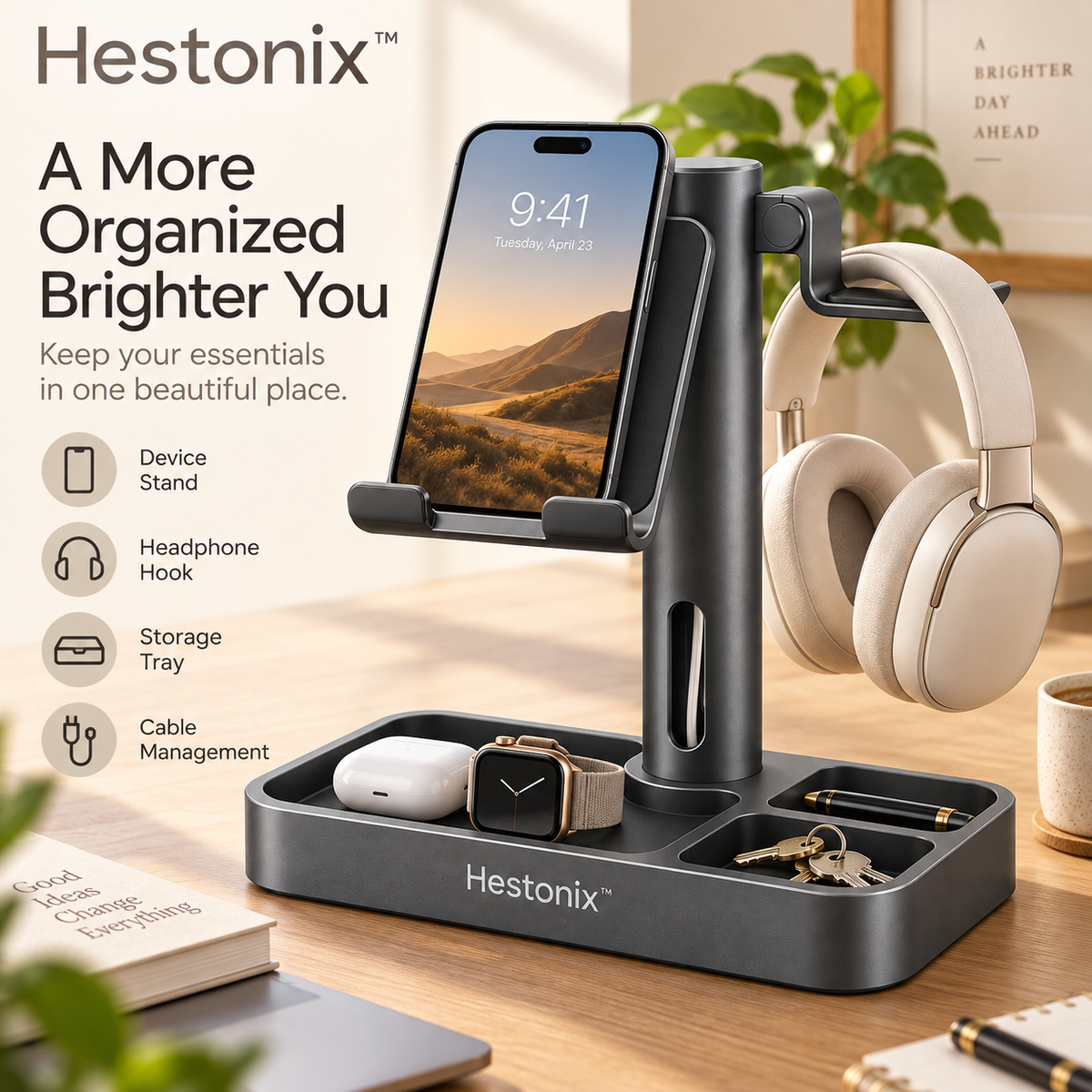 Hestonix™ Pivoting Multi-Function Desktop Stand with Floating Device Shelf, Headphone Hook and Valet Tray